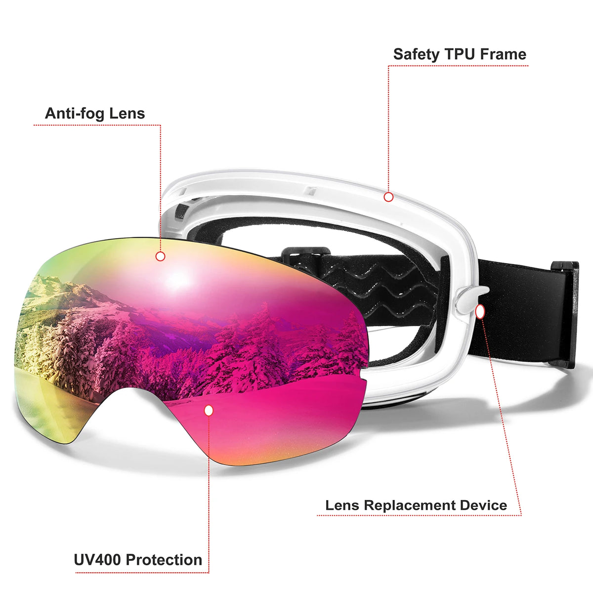 A pair of white safety TPU frame goggles with a vibrant pink and purple anti-fog lens for outdoor sports.