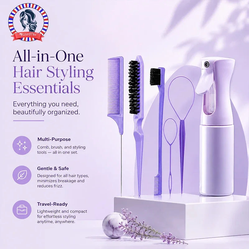 A purple all-in-one hair styling set featuring a comb, brush, and styling tools alongside a spray bottle.