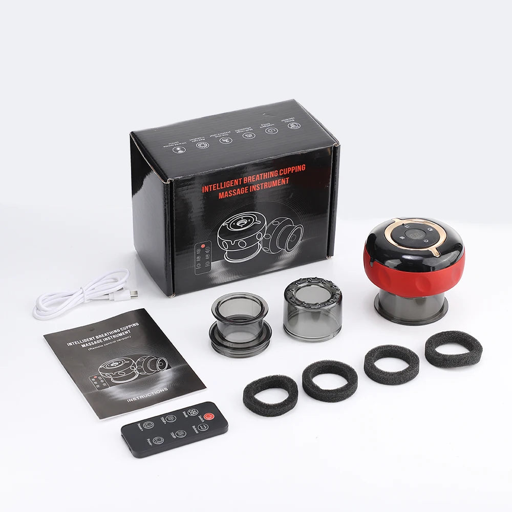 A box and components of a heated electric cupping massage instrument for muscle relief.