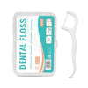 A white plastic container holding reusable dental flossers with a white plastic dispenser tool.