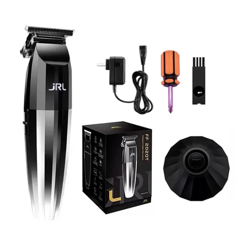 A black professional electric hair trimmer kit showing the trimmer, charger, and guard attachments.