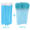 A set of 100 disposable eyelash and eyebrow brushes in light blue and white.