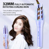 A woman holds a purple automatic rotating curling iron while a separate view shows the tool itself.