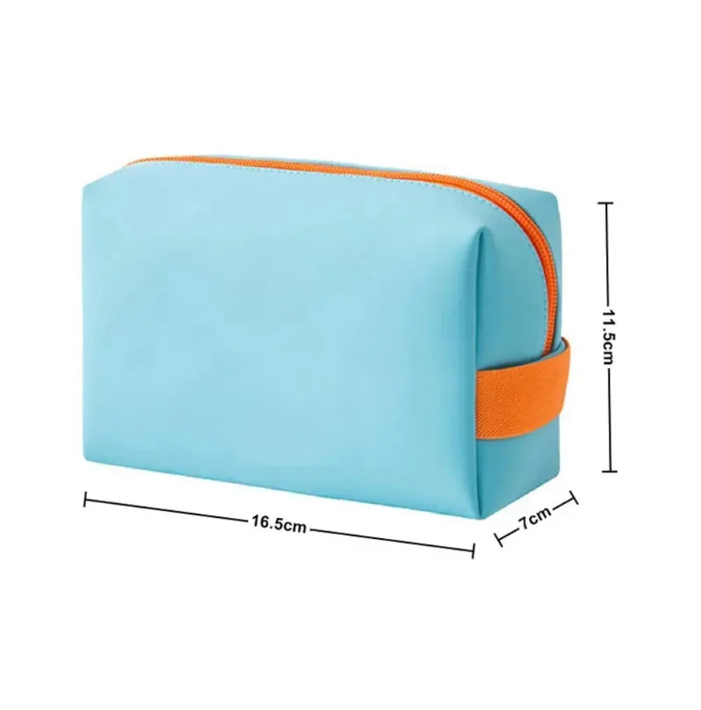 Light blue waterproof PU leather makeup bag with an orange color block design.