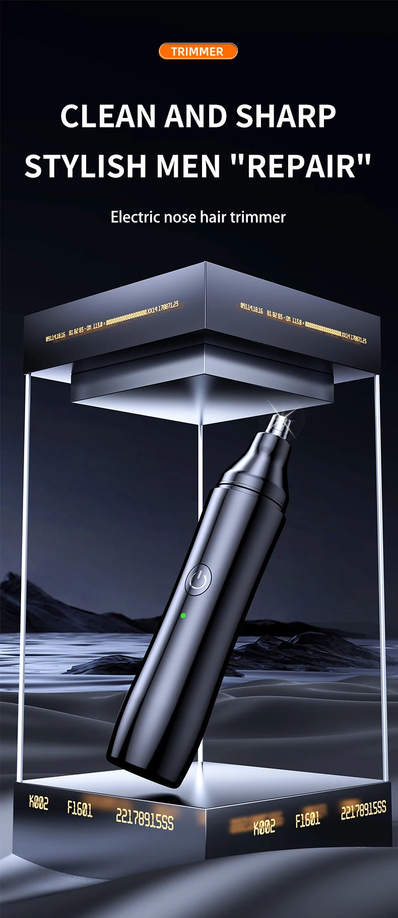 A black electric nose hair trimmer is displayed on a stand, showing its design and features.