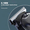 Close-up view of a professional cordless hair clipper showing an ultra short tooth pitch blade detail.
