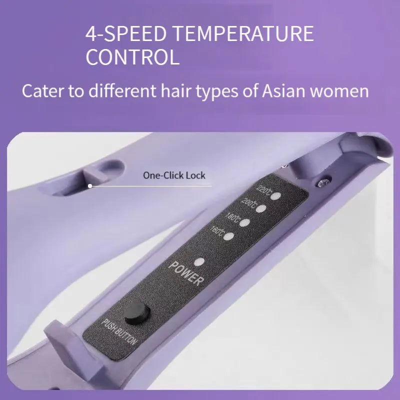Close-up of a purple hair styling tool with a power control dial and one-click lock feature.