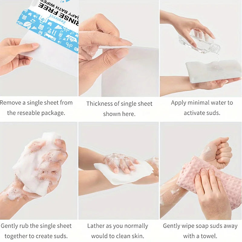 Démonstration de l'utilisation d'une seule feuille du sachet resealable pour appliquer un minimum d'eau et créer de la mousse