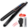 Black professional negative ion hair straightener and curling iron with accessories shown on a white background