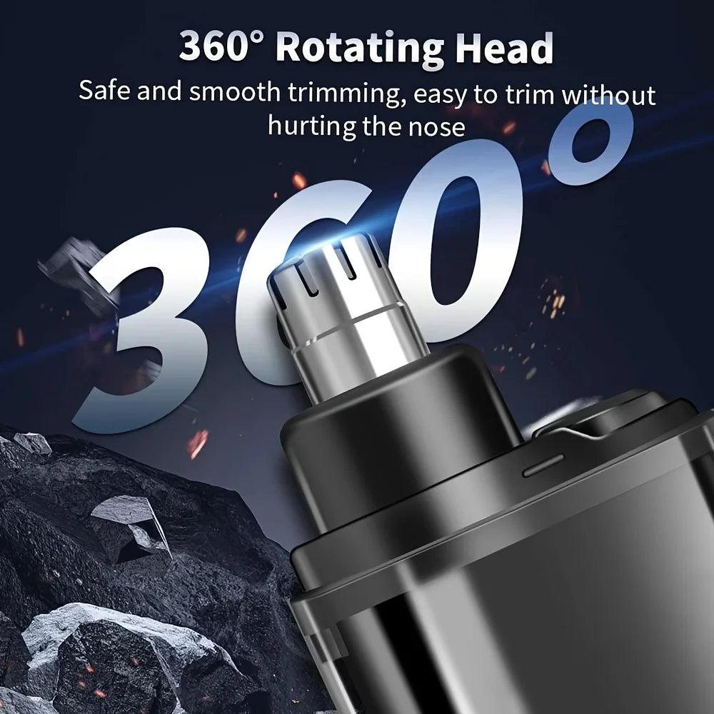 A close-up of a precision electric nose and ear hair trimmer with a 360 degree rotating head shown against a dark background.
