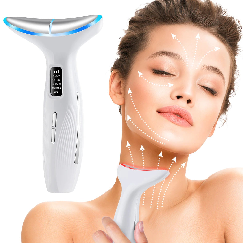 A woman is using a white LED beauty and massage device on her neck, demonstrating its use for lifting.