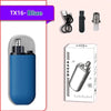 A blue precision nose hair trimmer with a detachable head and charging cable shown next to its packaging.
