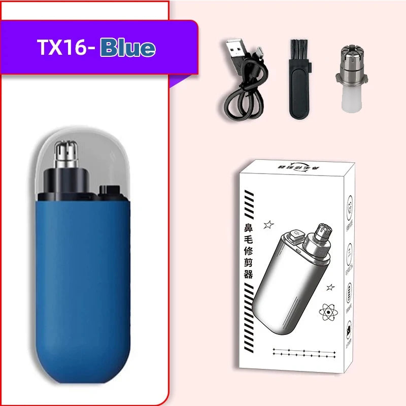 A blue precision nose hair trimmer with a detachable head and charging cable shown next to its packaging.