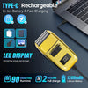 Yellow rechargeable beard trimmer with LED display showing remaining power and battery specifications