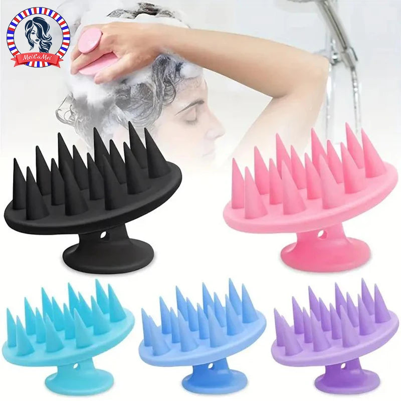 Un ensemble de brosses de massage du cuir chevelu en silicone noir, rose, bleu et violet pour les soins capillaires.