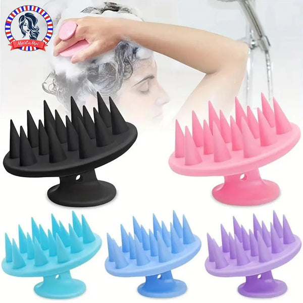 A set of silicone scalp massage brushes in black, pink, blue, and purple for hair care.
