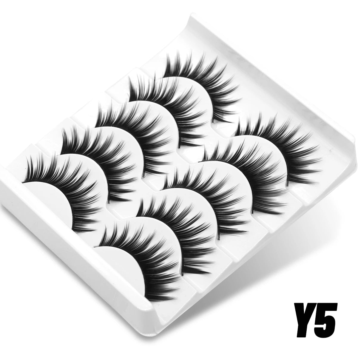 A white plastic tray containing a pair of clear band cat eye false eyelashes.