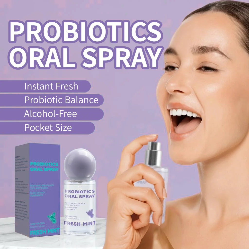 A woman sprays a bottle of probiotics oral spray for breath freshening and probiotic balance.