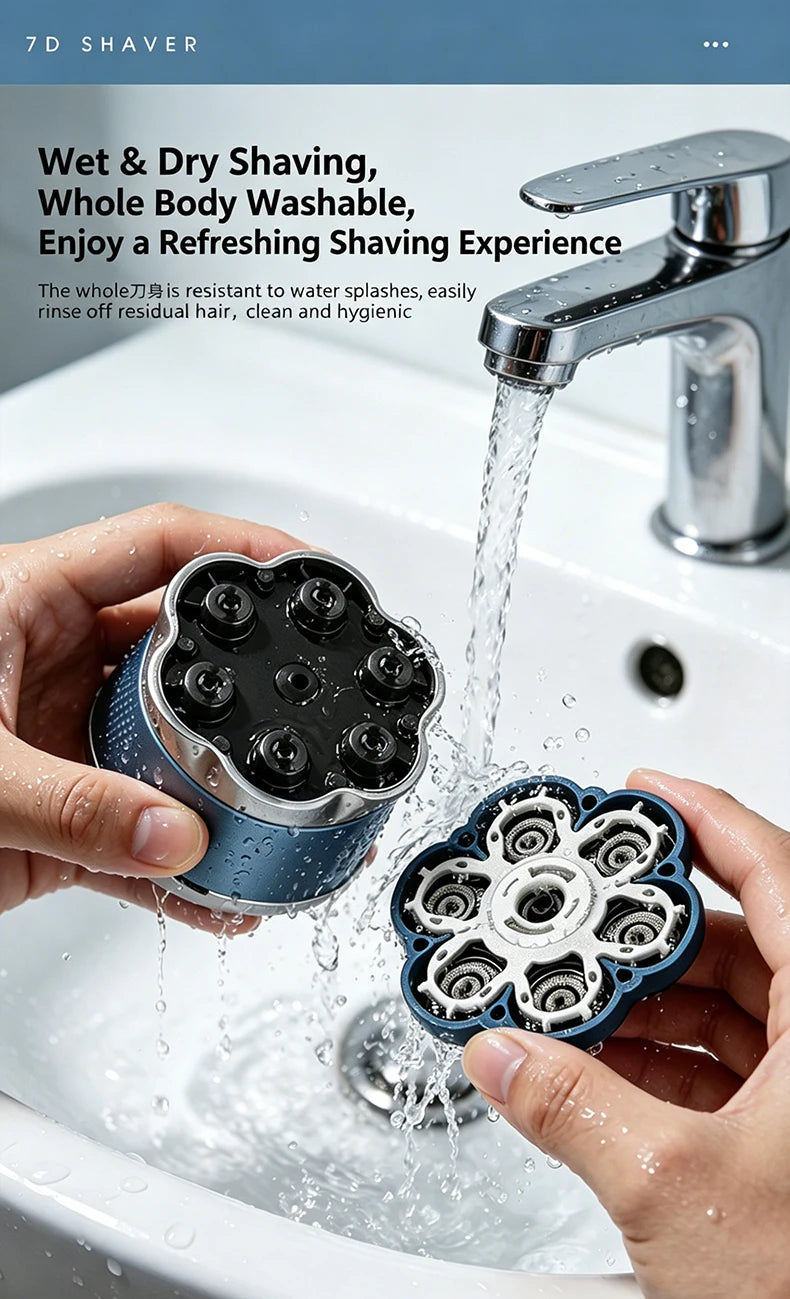 Hands hold a magnetic floating electric head shaver dripping water into a sink basin.