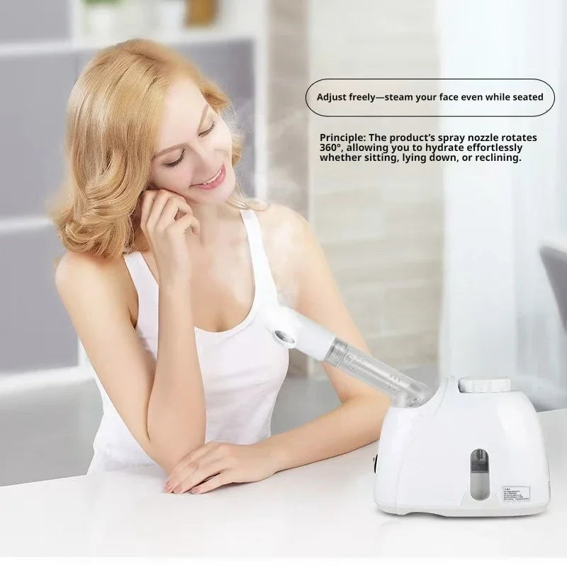 A woman is using a white facial steamer with a 360-degree rotatable nozzle to hydrate her face.