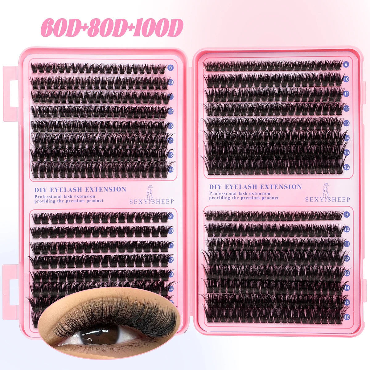 Pink lash extension kit showing various lengths of dark mink eyelash extensions on a model's eye.