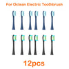Twelve replacement brush heads for an Ocean electric toothbrush are displayed in various colors and shapes.
