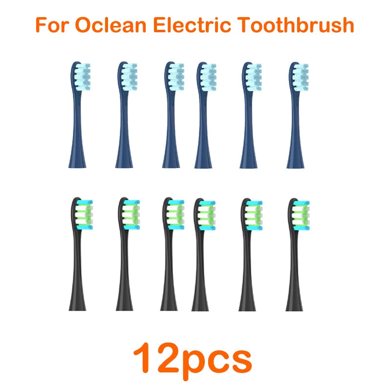 Twelve replacement brush heads for an Ocean electric toothbrush are displayed in various colors and shapes.