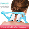 A blue 6-wheel massager is shown being used to alleviate cervical pain on the back of a person's neck.