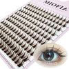 A sheet of Miofia false eyelashes showing various lash styles and an eye example.