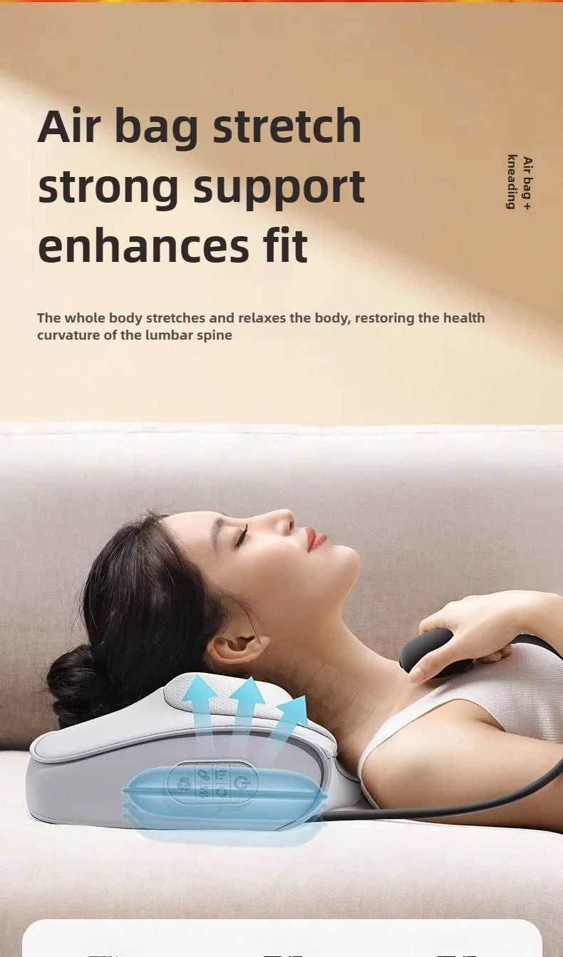 A woman is using an electric massage pillow for a stretch, focusing on her neck and back.