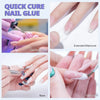 A set of nail glue products including polish gel, base coat, and top coat for extended manicure.
