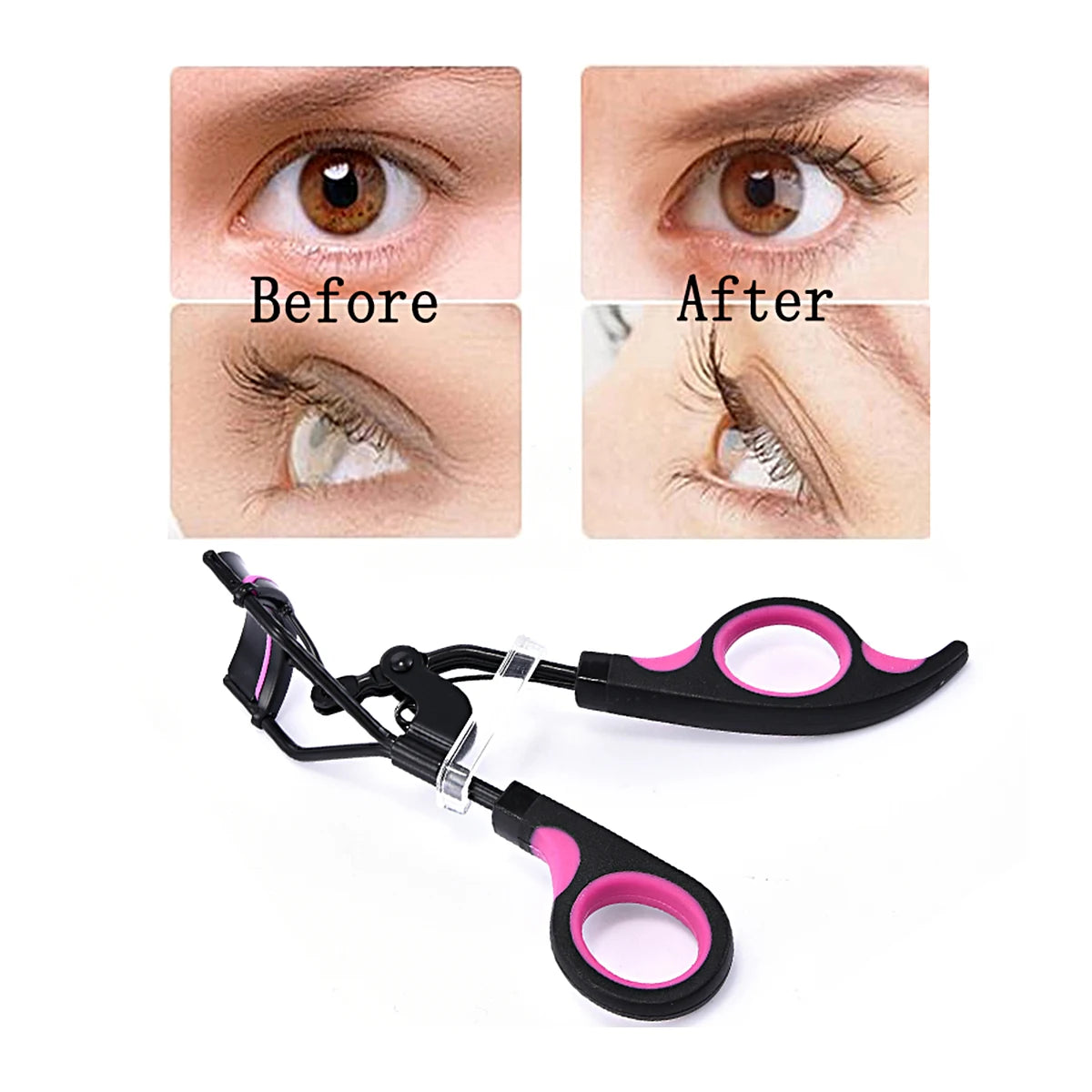 A professional eyelash curler tool shown with before and after results for curling eyelashes.