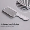A white V-shaped comb for hair cutting and retouching is shown with a close-up view of the teeth.