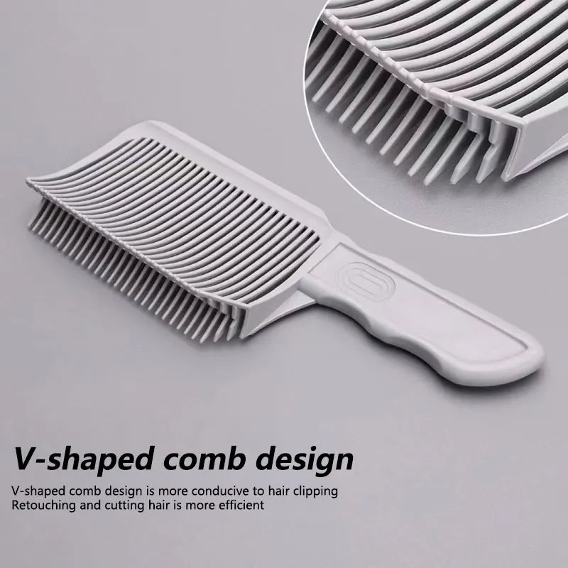 A white V-shaped comb for hair cutting and retouching is shown with a close-up view of the teeth.