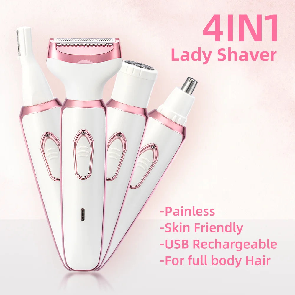 A set of four pink and white 4-in-1 Lady Shavers for painless, skin-friendly, USB rechargeable body hair removal.