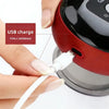 A hand is connecting a USB charge cable to the power port of a red electric cupping set for skin massage device.