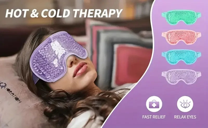 A woman is shown using various colored reusable gel eye masks for hot and cold therapy relief.