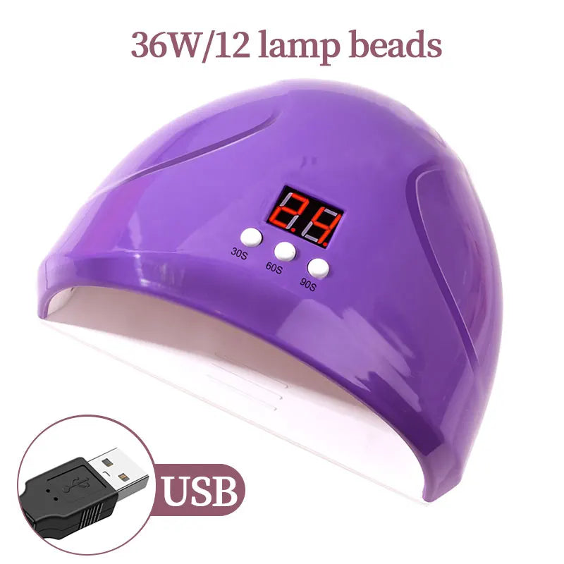 Purple 36W/12 lamp beads UV/LED nail curing lamp with USB charging port