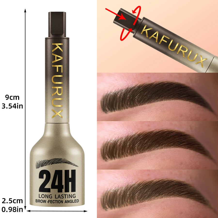 A tube of KAFURUX long lasting brow pencil with a black cap and application demonstration on an eyebrow.