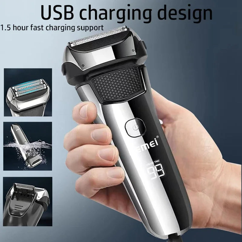 A hand holds a silver and black electric shaver, demonstrating its USB charging design.