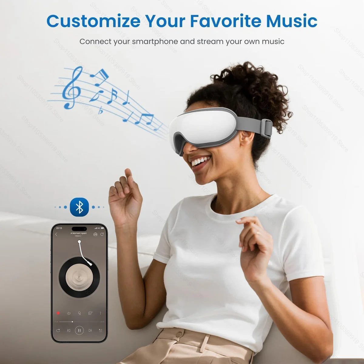 A woman is using a VR headset to customize music while connecting her smartphone for relaxation.