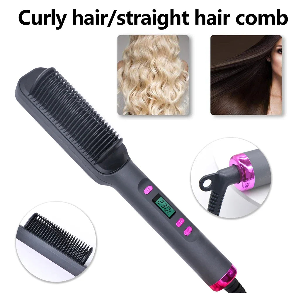 A black electric hair straightener comb with a pink accent, shown alongside examples of curly and straight hair.