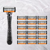 A precision multi-blade shaver with orange and black components is shown floating in water.