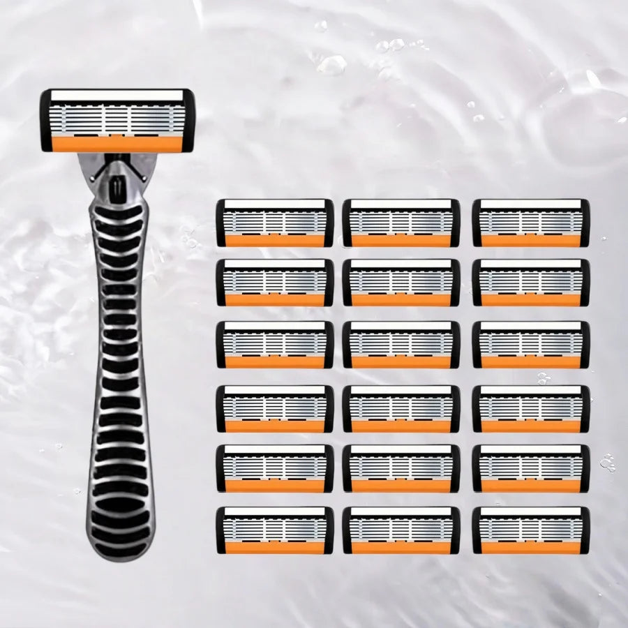 A precision multi-blade shaver with orange and black components is shown floating in water.