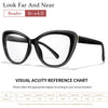 Black clear cateye reading glasses with a gold accent frame shown for visual acuity reference.
