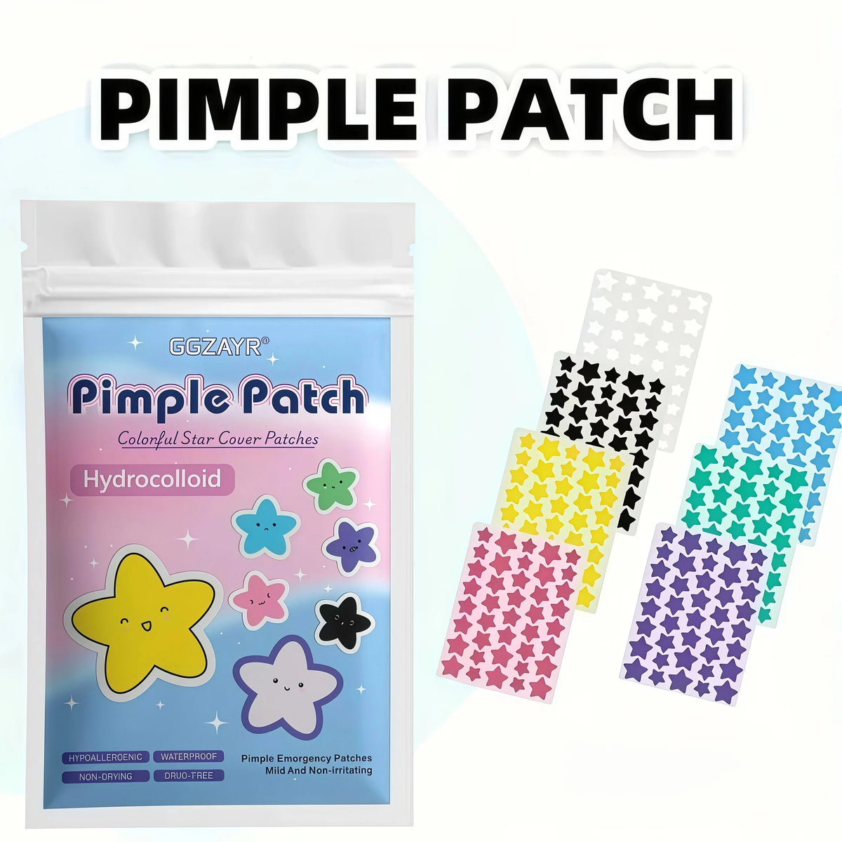Pack of colorful star hydrocolloid pimple patches for acne treatment