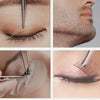 Close-up images showing precision stainless steel tweezers used for eyebrow grooming and shaping.
