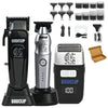 A set of professional electric hair clippers and accessories including various guards and attachments.