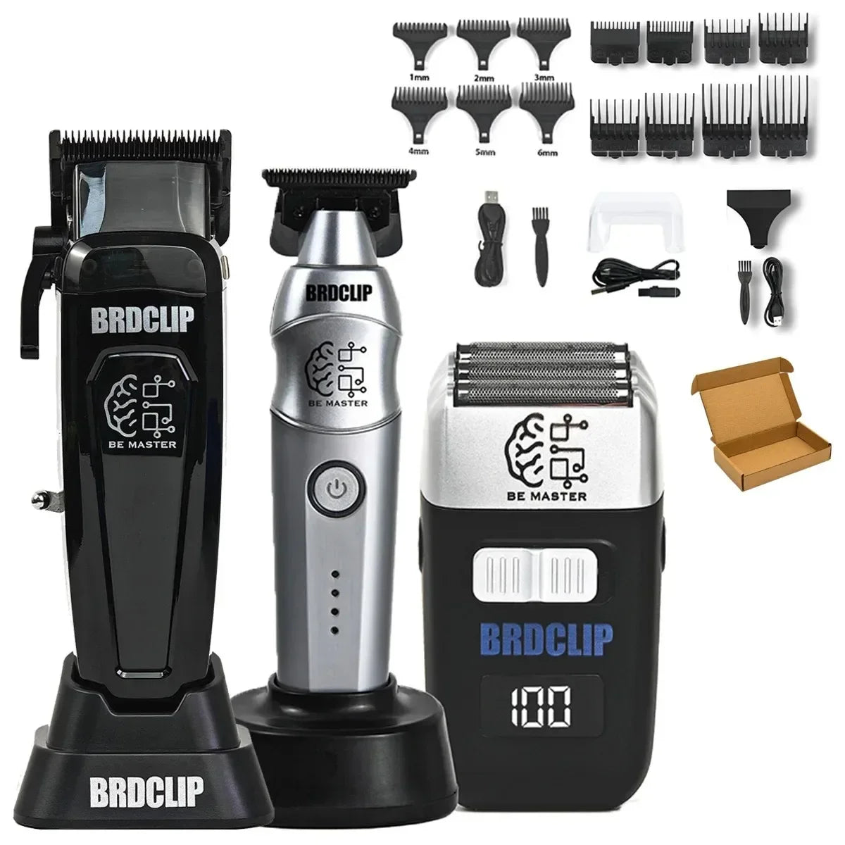 A set of professional electric hair clippers and accessories including various guards and attachments.