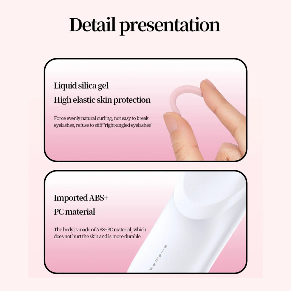 Detail presentation showing liquid silica gel and imported ABS+PC material components of a heated eyelash curler